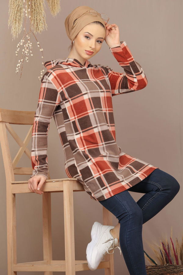 Düz Orta Kadın Kahverengi Kapşonlu Polar Tunik Bordo  - 7935
