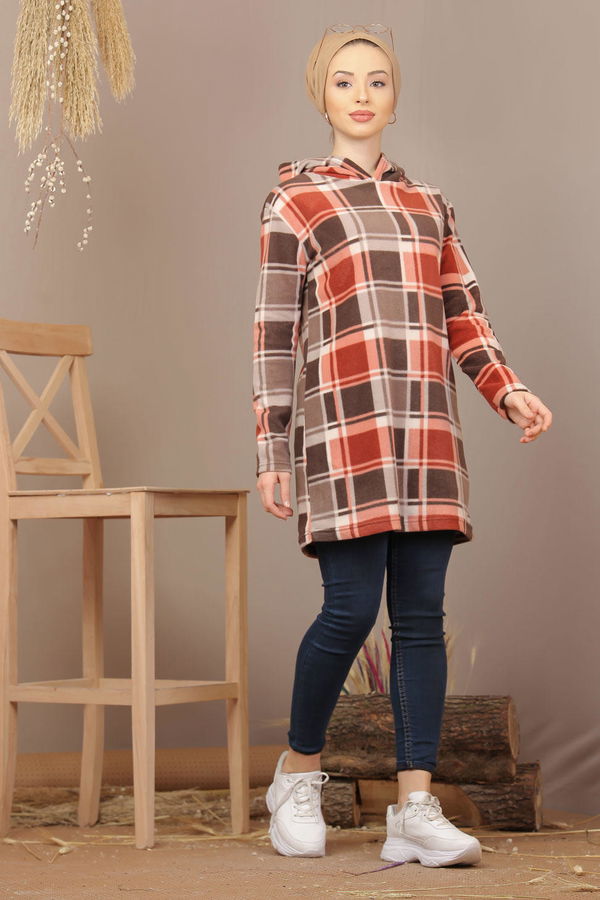 Düz Orta Kadın Kahverengi Kapşonlu Polar Tunik Bordo  - 7935