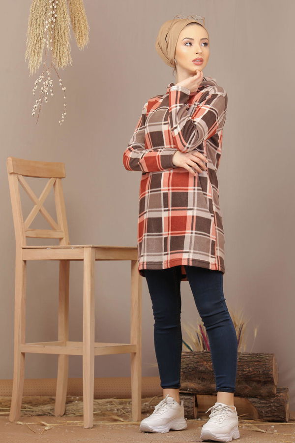 Düz Orta Kadın Kahverengi Kapşonlu Polar Tunik Bordo  - 7935