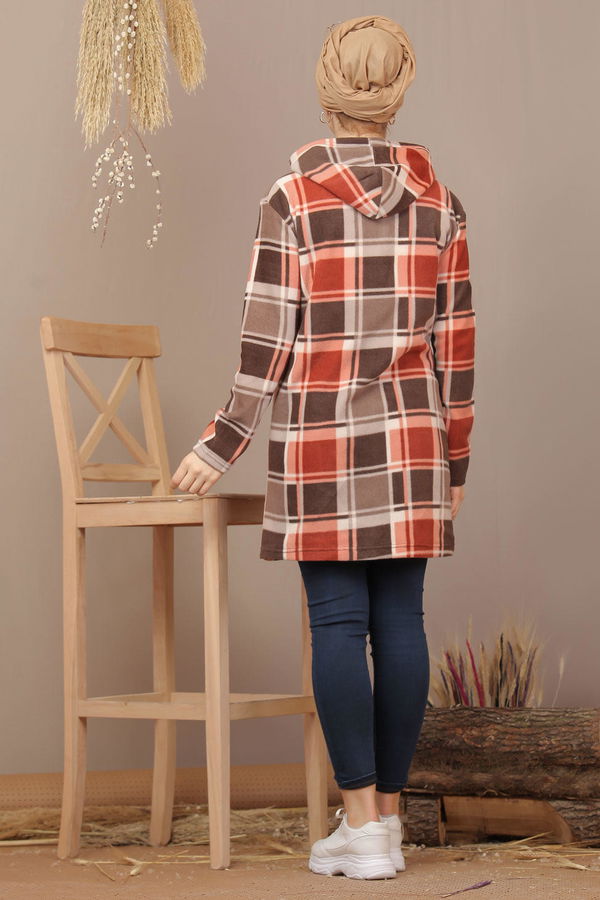 Düz Orta Kadın Kahverengi Kapşonlu Polar Tunik Bordo  - 7935