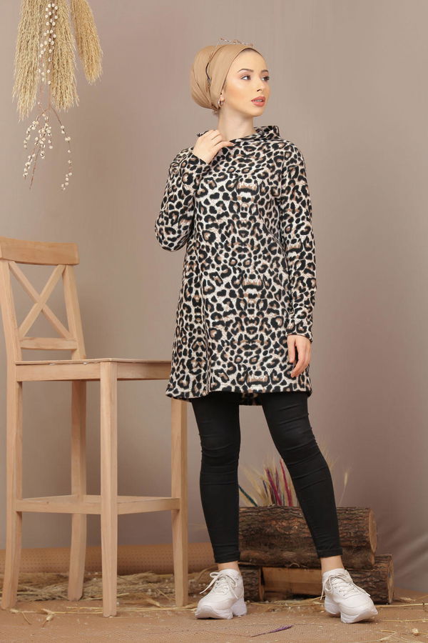 Düz Orta Kadın Kahverengi Kapşonlu Polar Tunik Leopar Leopar  - 7934 KAHVERENGİ