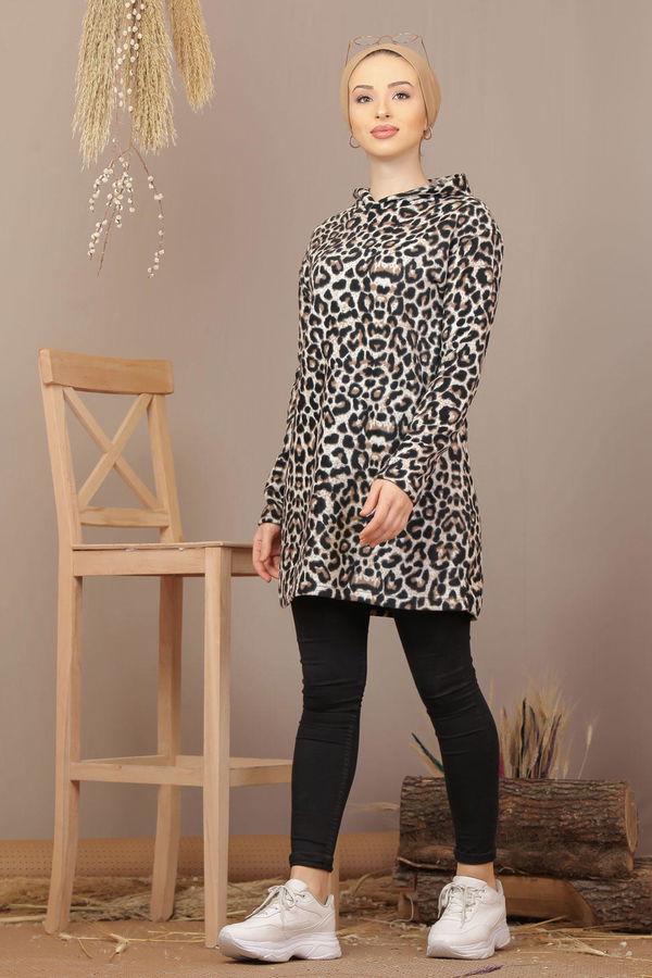 Düz Orta Kadın Kahverengi Kapşonlu Polar Tunik Leopar Leopar  - 7934 KAHVERENGİ