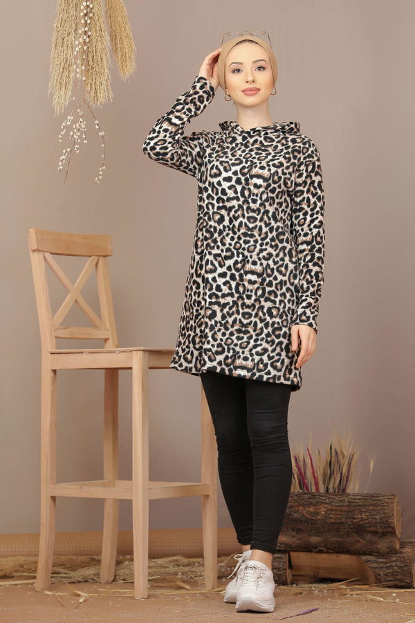 Düz Orta Kadın Kahverengi Kapşonlu Polar Tunik Leopar Leopar  - 7934 KAHVERENGİ