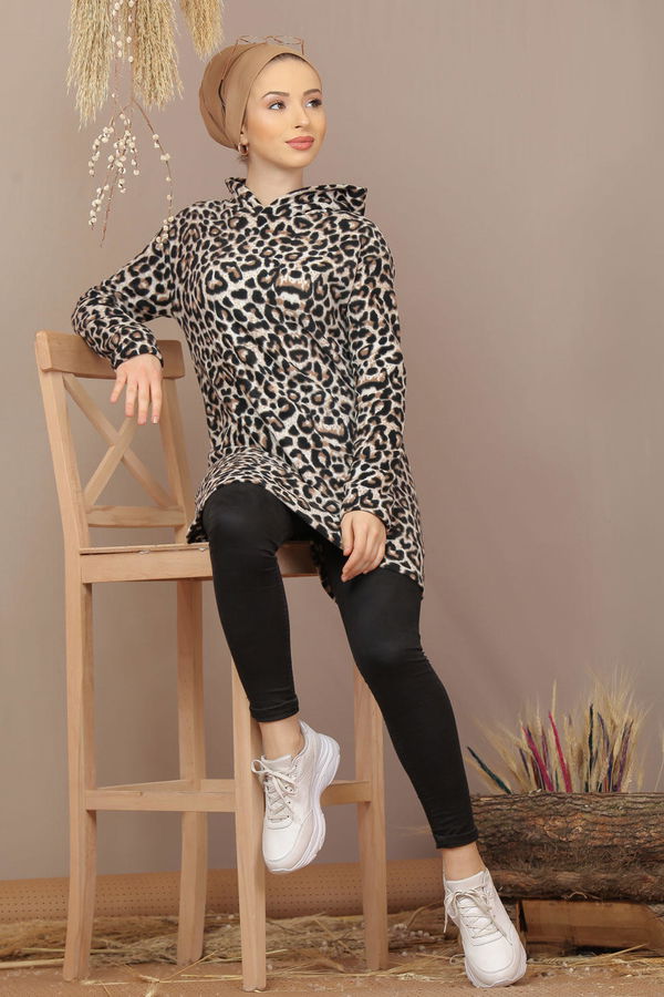 Düz Orta Kadın Kahverengi Kapşonlu Polar Tunik Leopar Leopar  - 7934 KAHVERENGİ