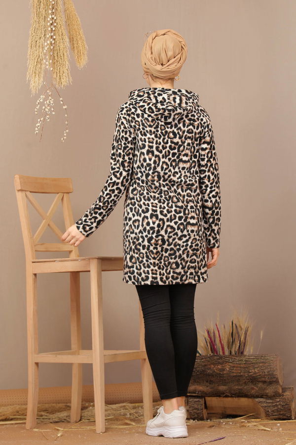 Düz Orta Kadın Kahverengi Kapşonlu Polar Tunik Leopar Leopar  - 7934 KAHVERENGİ