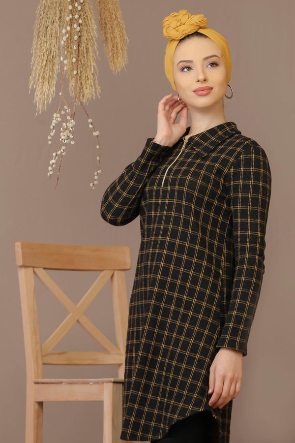 Düz Orta Kadın Siyah Ekose Tunik Siyah Hardal - 7883 - 7883