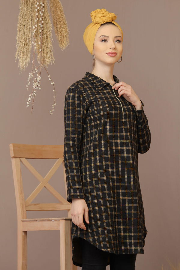 Düz Orta Kadın Siyah Ekose Tunik Siyah Hardal - 7883 - 7883
