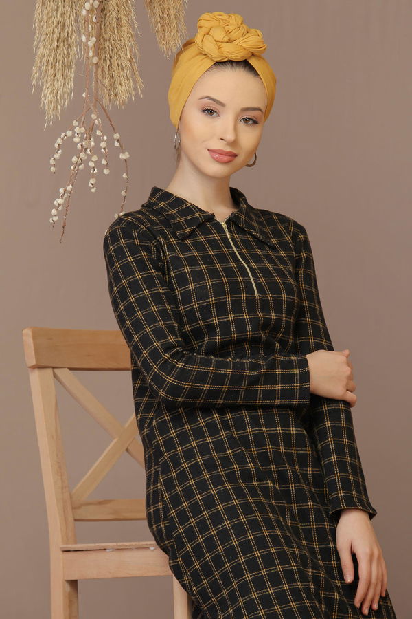 Düz Orta Kadın Siyah Ekose Tunik Siyah Hardal - 7883 - 7883