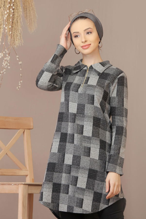 Düz Orta Kadın Gri Ekose Tunik Gri - 7881 - 881