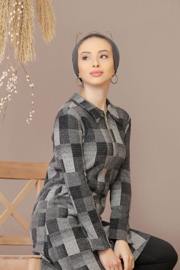 Düz Orta Kadın Gri Ekose Tunik Gri - 7881 - 881