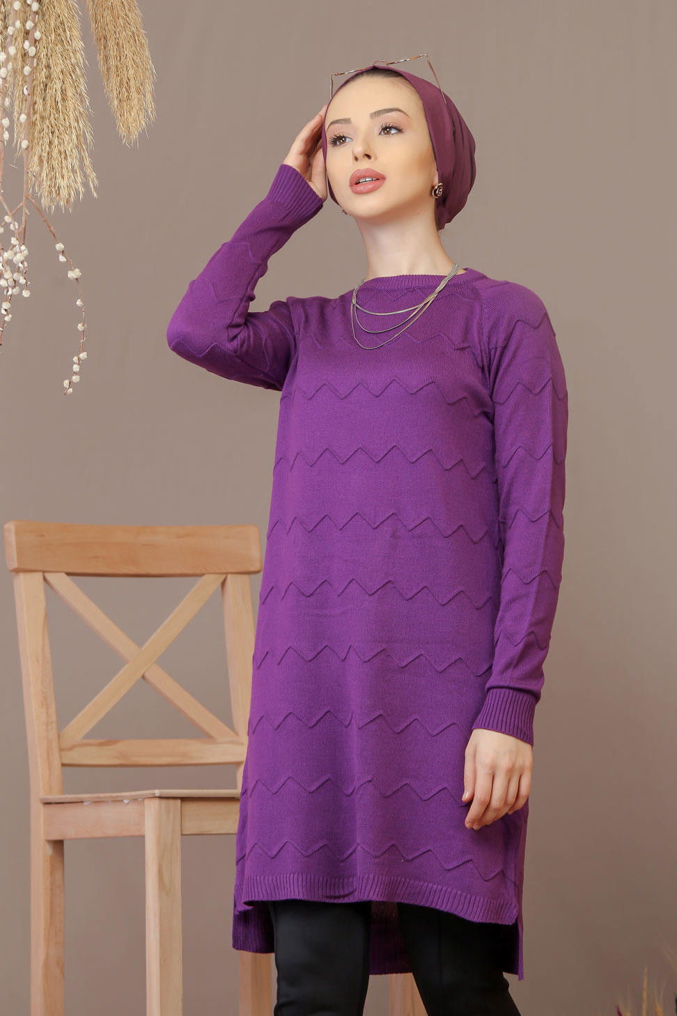 Düz Orta Kadın Mor Triko Tunik Siyah  - 7929 MOR