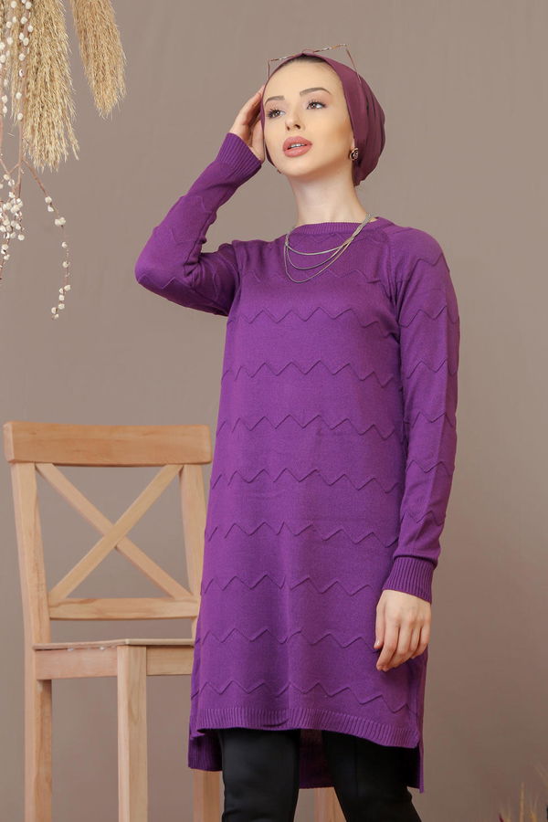 Düz Orta Kadın Mor Triko Tunik Siyah  - 7929 MOR