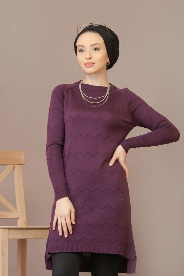Düz Orta Kadın Mürdüm Triko Tunik Siyah  - 7929 MÜRDÜM