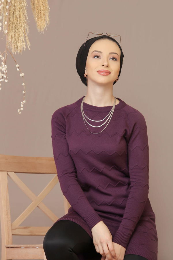 Düz Orta Kadın Mürdüm Triko Tunik Siyah  - 7929 MÜRDÜM
