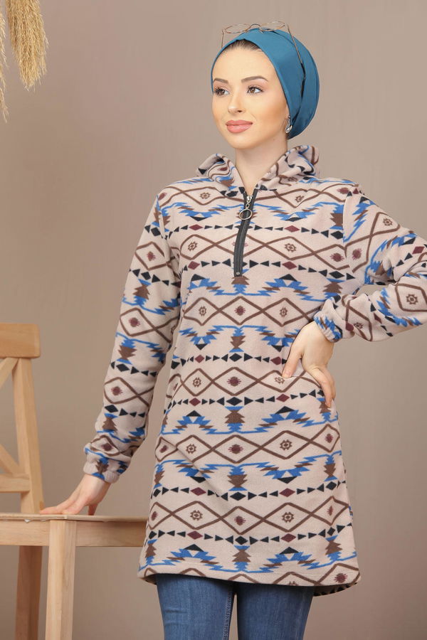 Düz Orta Kadın Vizon Yarım Fermuarlı Polar Tunik Saks  - 7940