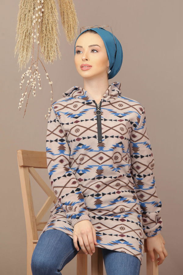 Düz Orta Kadın Vizon Yarım Fermuarlı Polar Tunik Saks  - 7940