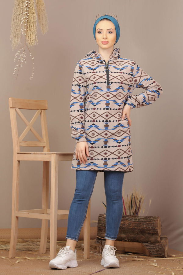 Düz Orta Kadın Vizon Yarım Fermuarlı Polar Tunik Saks  - 7940