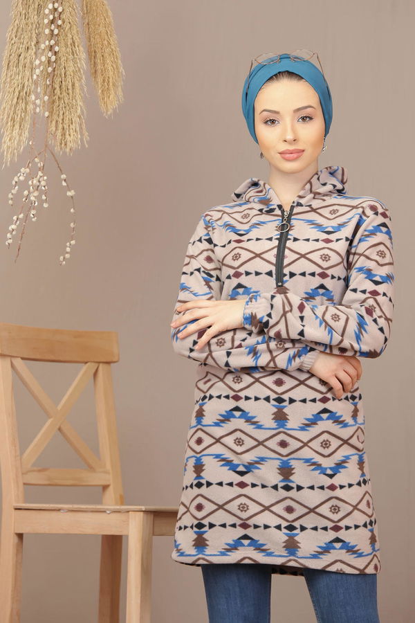 Düz Orta Kadın Vizon Yarım Fermuarlı Polar Tunik Saks  - 7940