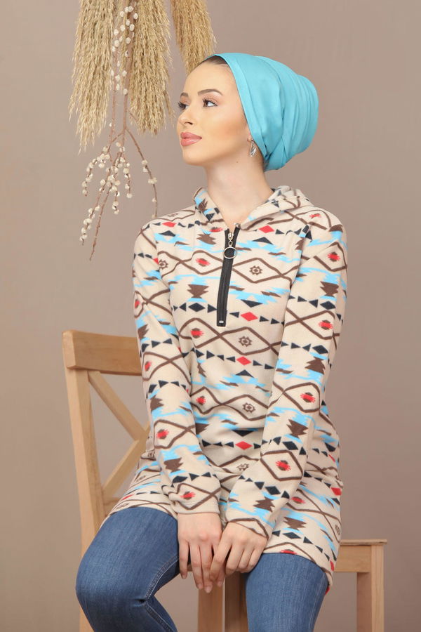 Düz Orta Kadın Mavi Yarım Fermuarlı Polar Tunik Saks  - 7940 MAVİ