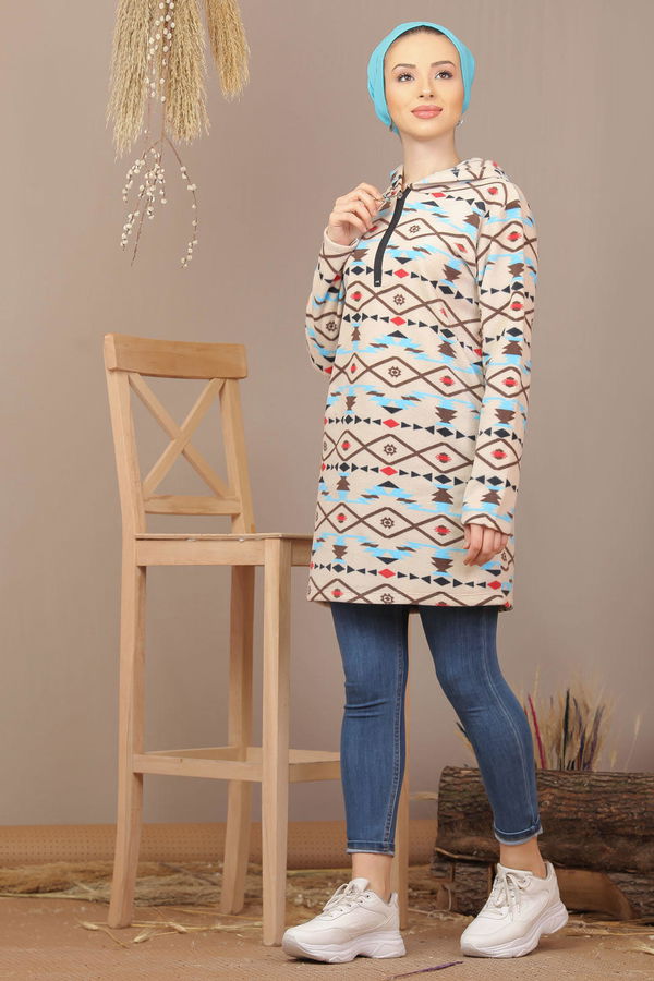 Düz Orta Kadın Mavi Yarım Fermuarlı Polar Tunik Saks  - 7940 MAVİ