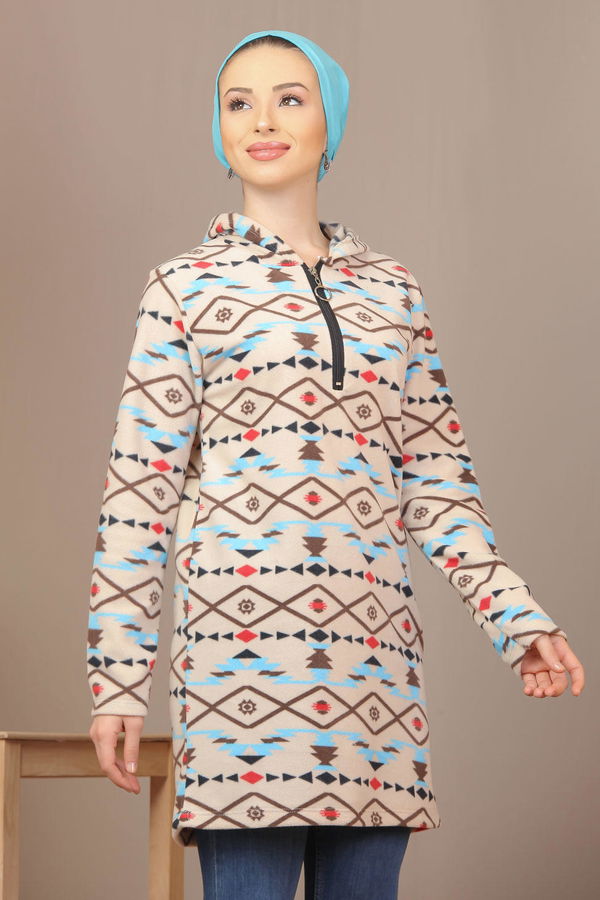 Düz Orta Kadın Mavi Yarım Fermuarlı Polar Tunik Saks  - 7940 MAVİ