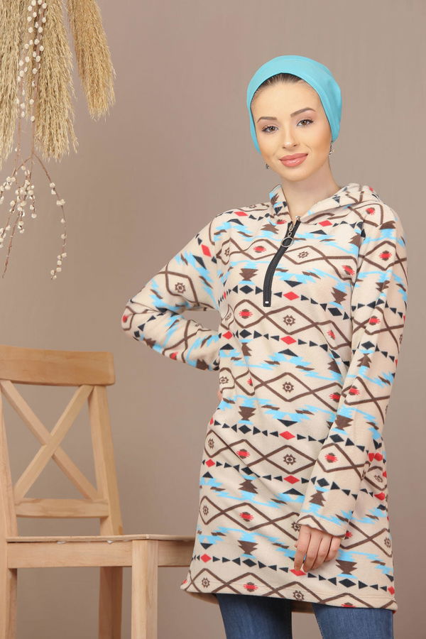 Düz Orta Kadın Mavi Yarım Fermuarlı Polar Tunik Saks  - 7940 MAVİ