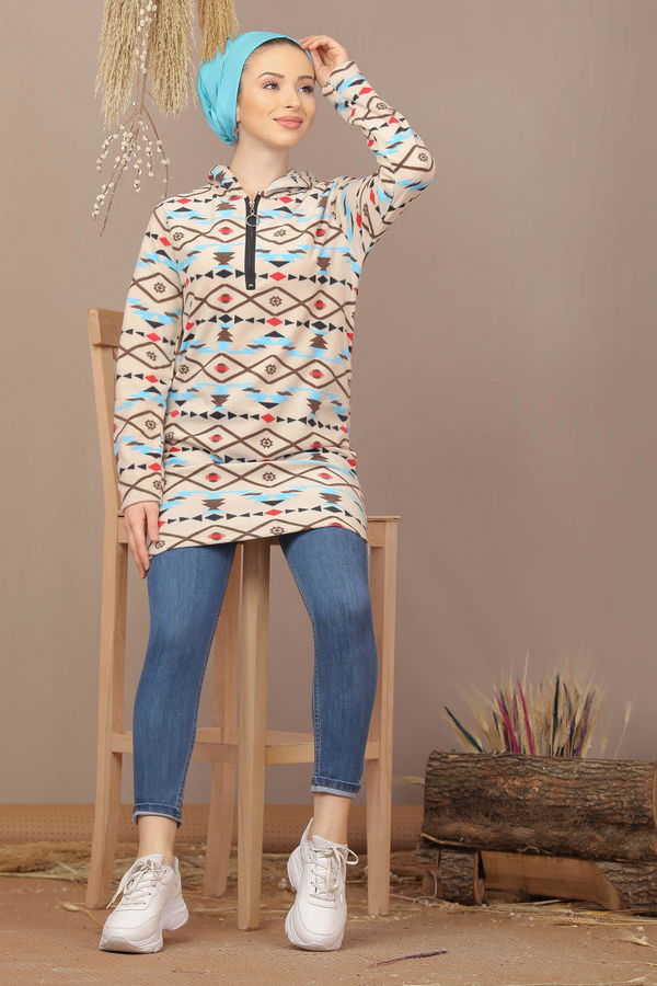 Düz Orta Kadın Mavi Yarım Fermuarlı Polar Tunik Saks  - 7940 MAVİ