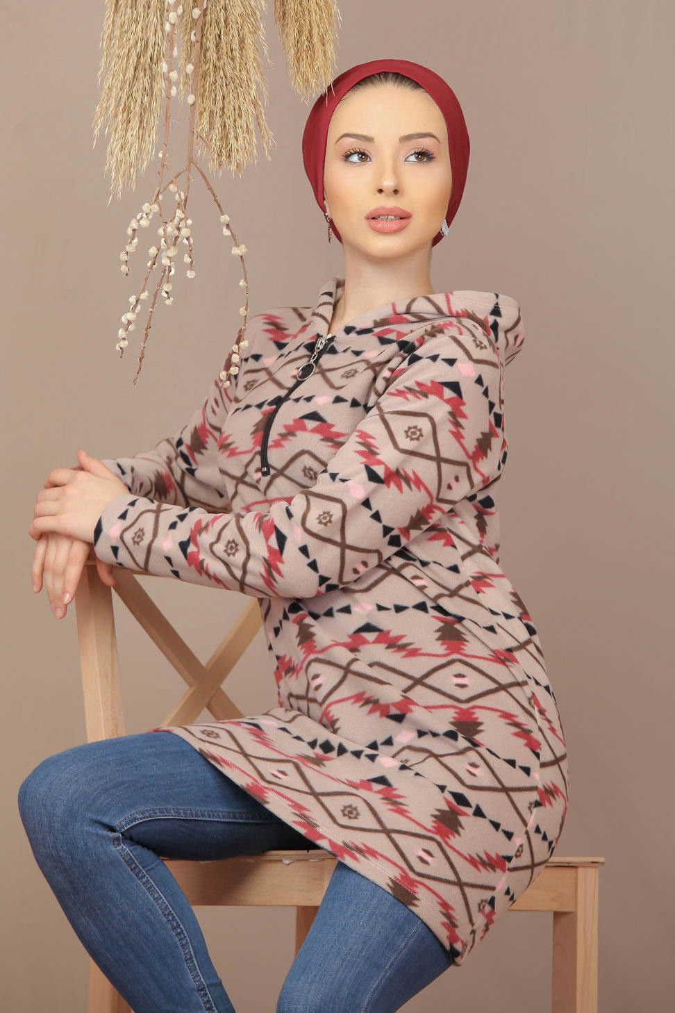 Düz Orta Kadın Fuşya Yarım Fermuarlı Polar Tunik Saks  - 7940