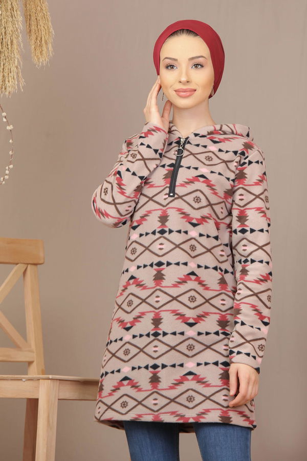 Düz Orta Kadın Fuşya Yarım Fermuarlı Polar Tunik Saks  - 7940