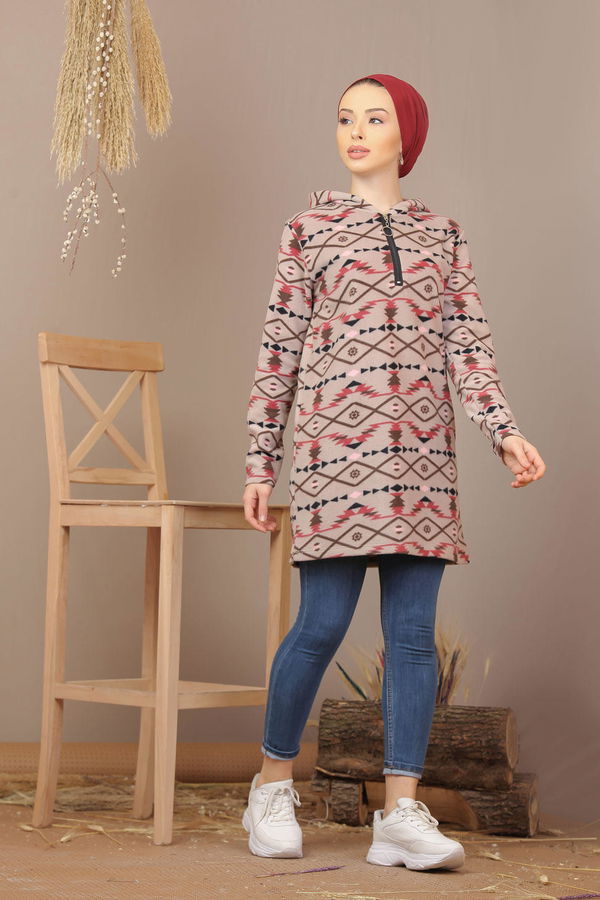 Düz Orta Kadın Fuşya Yarım Fermuarlı Polar Tunik Saks  - 7940