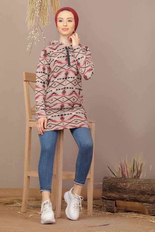 Düz Orta Kadın Fuşya Yarım Fermuarlı Polar Tunik Saks  - 7940