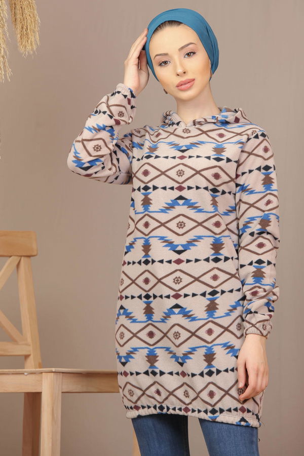 Düz Orta Kadın Mavi Cepsiz Polar Tunik Siyah  - 7941