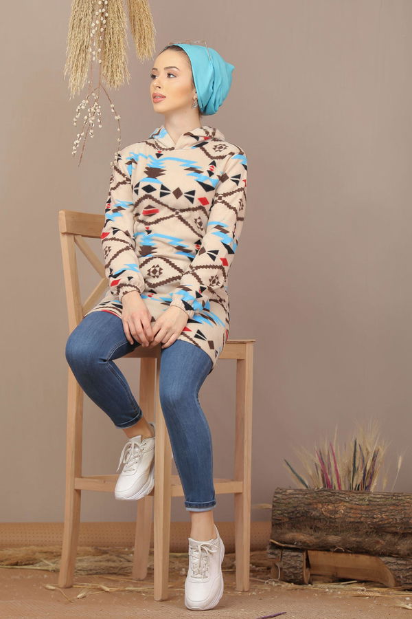 Düz Orta Kadın Mavi Cepli Polar Tunik Siyah  - 7942 MAVİ