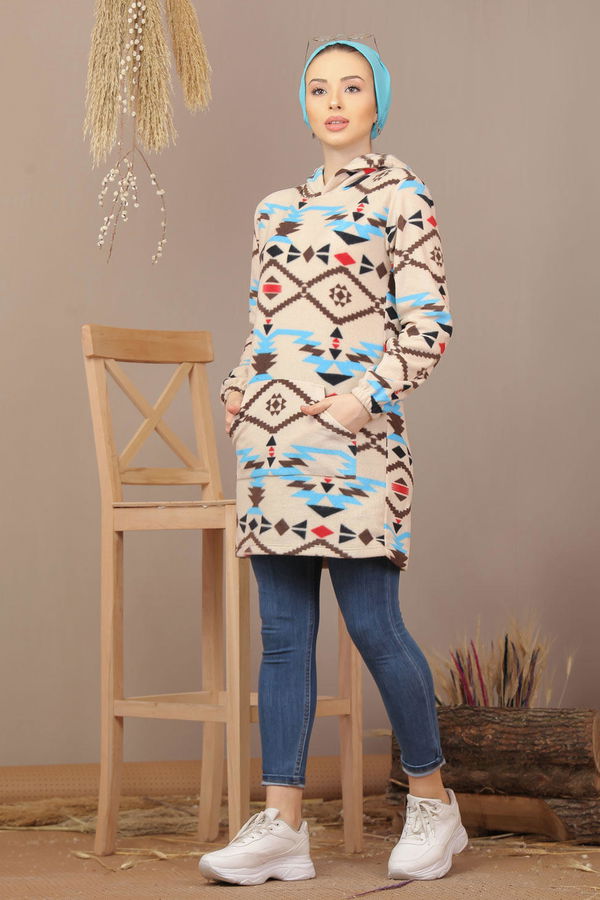 Düz Orta Kadın Mavi Cepli Polar Tunik Siyah  - 7942 MAVİ