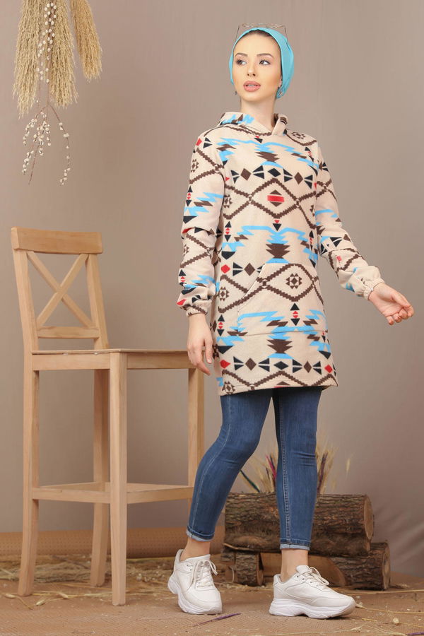Düz Orta Kadın Mavi Cepli Polar Tunik Siyah  - 7942 MAVİ