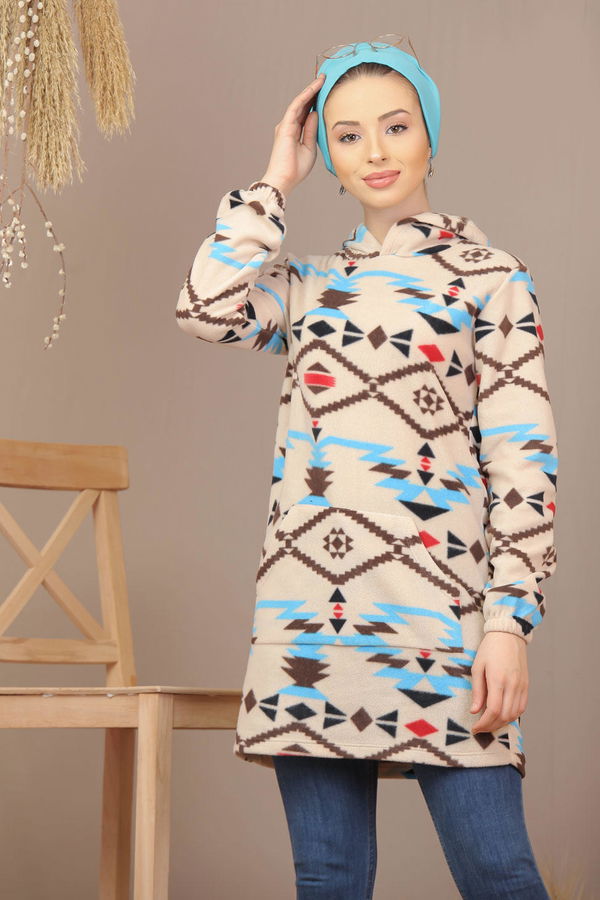 Düz Orta Kadın Mavi Cepli Polar Tunik Siyah  - 7942 MAVİ