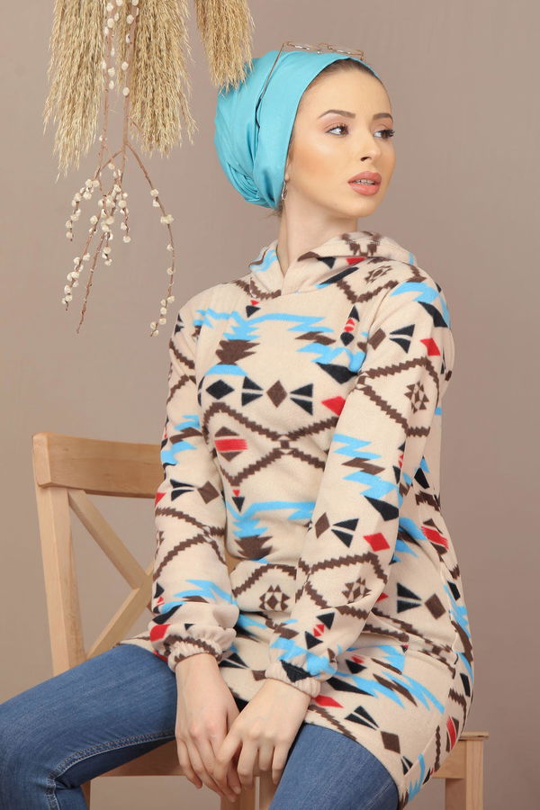 Düz Orta Kadın Mavi Cepli Polar Tunik Siyah  - 7942 MAVİ