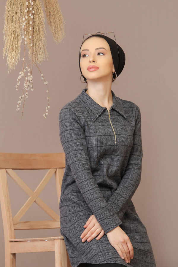 Düz Orta Kadın Antrasit Ekose Tunik Antrasit - 7919 - 7919 ANTRASİT