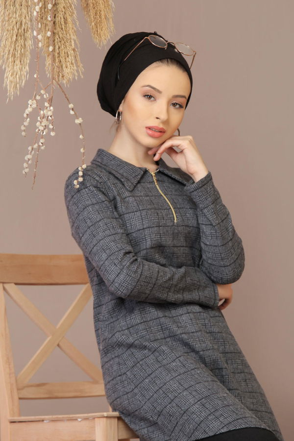 Düz Orta Kadın Antrasit Ekose Tunik Antrasit - 7919 - 7919 ANTRASİT