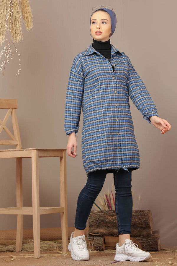 Düz Orta Kadın Siyah Ekose Tunik İpli Siyah Saks  - 7931 SİYAH