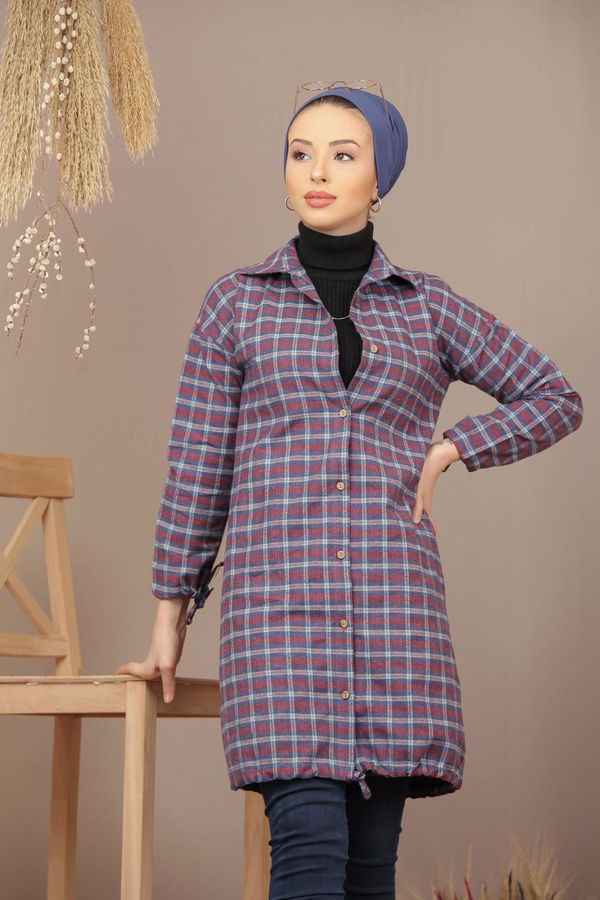 Düz Orta Kadın Bordo Ekose Tunik İpli Siyah Saks  - 7931