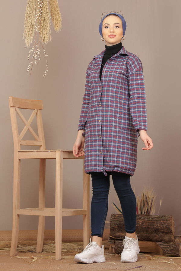 Düz Orta Kadın Bordo Ekose Tunik İpli Siyah Saks  - 7931