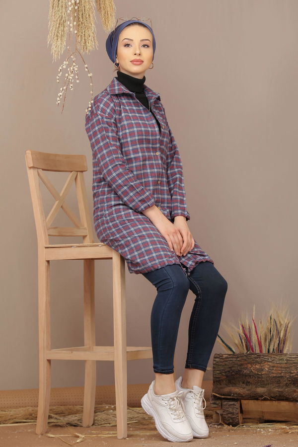 Düz Orta Kadın Bordo Ekose Tunik İpli Siyah Saks  - 7931