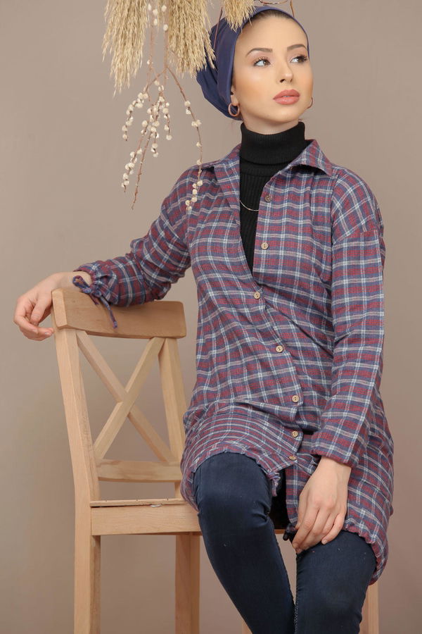 Düz Orta Kadın Bordo Ekose Tunik İpli Siyah Saks  - 7931