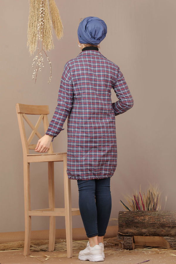 Düz Orta Kadın Bordo Ekose Tunik İpli Siyah Saks  - 7931