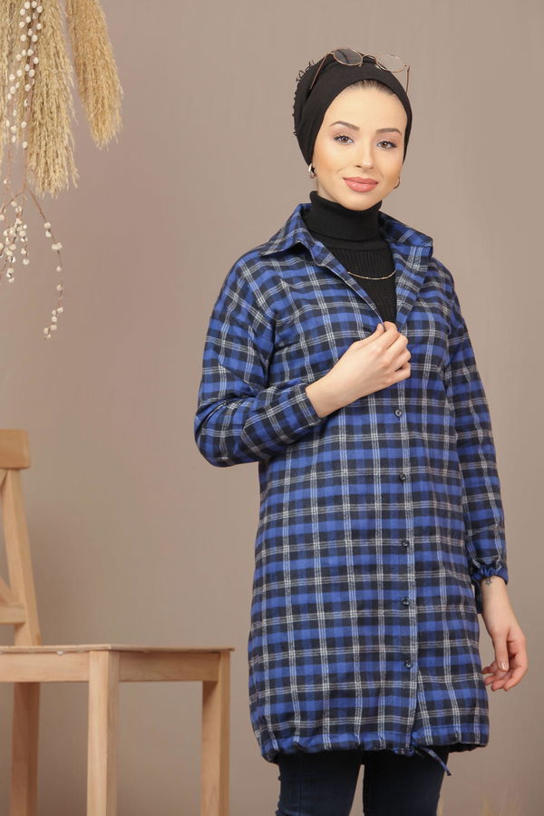 Düz Gömlek Yaka Kadın Mavi Ekose Tunik İpli Haki  - 7933 MAVİ