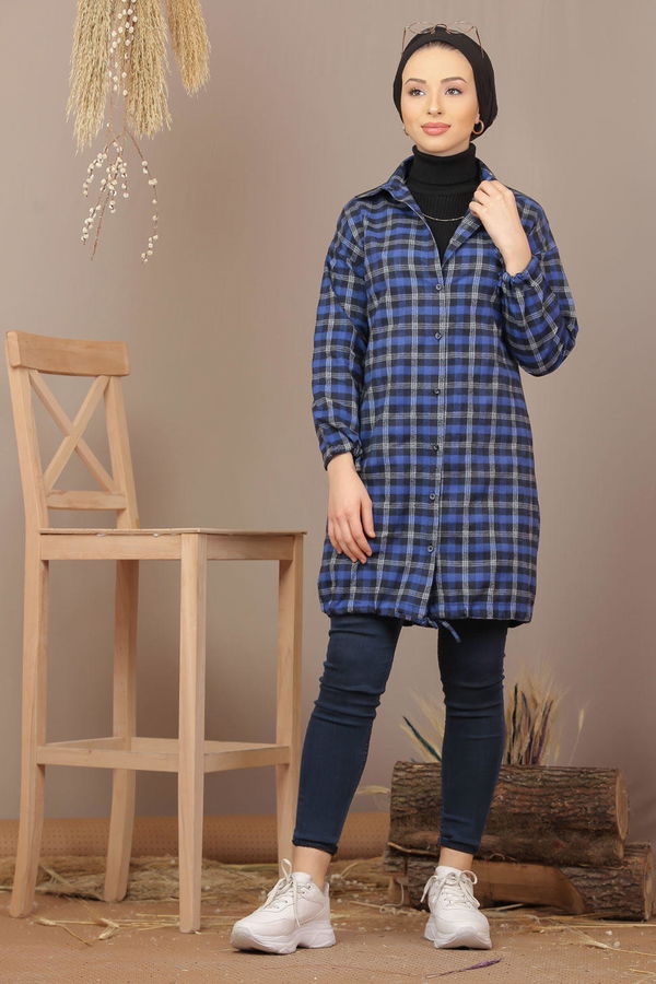 Düz Gömlek Yaka Kadın Mavi Ekose Tunik İpli Haki  - 7933 MAVİ