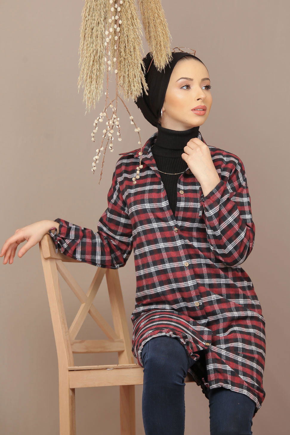 Düz Gömlek Yaka Kadın Bordo Ekose Tunik İpli Haki  - 7933