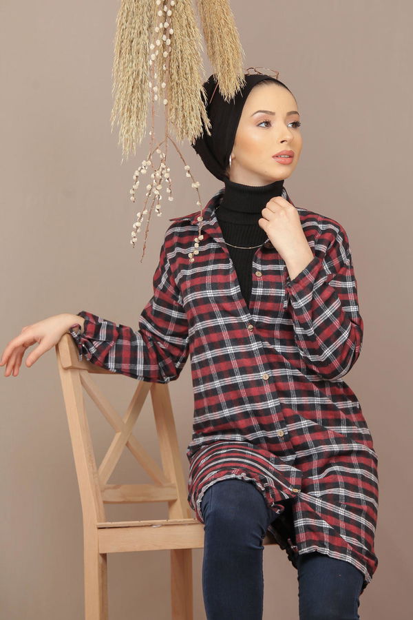 Düz Gömlek Yaka Kadın Bordo Ekose Tunik İpli Haki  - 7933