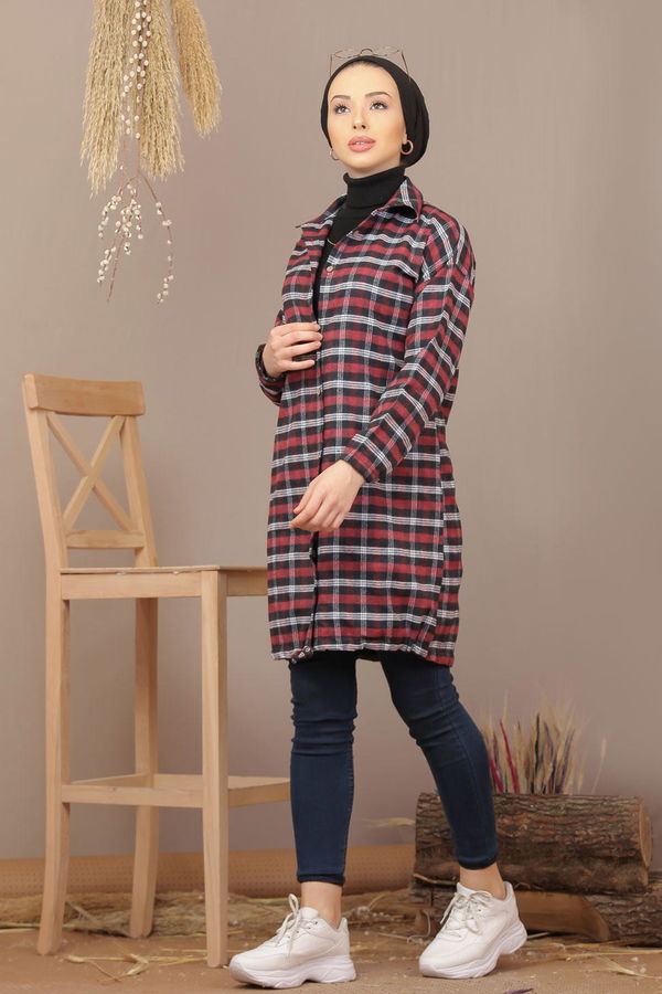 Düz Gömlek Yaka Kadın Bordo Ekose Tunik İpli Haki  - 7933